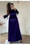 Uzun Kemerli Kol Bağcıklı Kadife Elbise -MOR