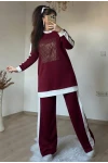 Uzun Kol Ön Kare Taşlı Takım Bordo