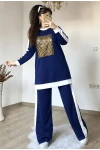 Uzun Kol Ön Kare Taşlı Takım Lacıvert