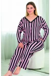 Uzun Kol Onü Düğmeli Pembe Seritli Büyük Beden Pijama Takımı