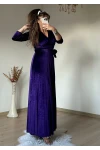 Uzun Pileli Kadife Elbise Mor