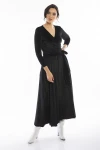 Uzun Pileli Kadife Elbise Siyah