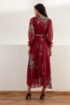 Uzun Sarı çiçekli Şifon Elbise - Bordo