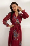 Uzun Sarı çiçekli Şifon Elbise - Bordo