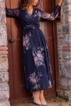 Uzun Sarı çiçekli Şifon Elbise - Lacivert