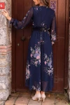 Uzun Sarı çiçekli Şifon Elbise - Lacivert