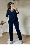V Yaka Taşlı Takım Lacıvert