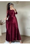 Volanlı Fırfırlı Kadife Elbıse Bordo