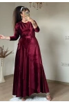 Volanlı Fırfırlı Kadife Elbıse Bordo