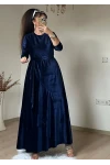 Volanlı Fırfırlı Kadife Elbıse Lacivert