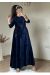 Volanlı Fırfırlı Kadife Elbıse Lacivert