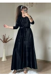 Volanlı Fırfırlı Kadife Elbıse Siyah