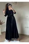 Volanlı Fırfırlı Kadife Elbıse Siyah