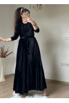 Volanlı Fırfırlı Kadife Elbıse Siyah