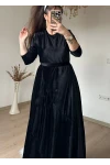 Volanlı Fırfırlı Kadife Elbıse Siyah