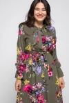 Yaka Bağlama İri Çiçek Desen Elbise - HAKİ