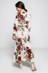 Yaka Bağlama İri Çiçek Desen Elbise - KREM