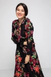 Yaka Bağlama İri Çiçek Desen Elbise Siyah