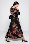 Yaka Bağlama İri Çiçek Desen Elbise Siyah