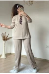 Yaka Şal Detaylı Takım Bej