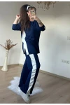 Yan Beyaz Şerıtlı Takım Lacivert