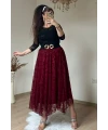 Flok Baskı Etek Bordo