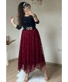Flok Baskı Etek Bordo
