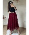 Flok Baskı Etek Bordo
