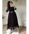 Flok Baskı Etek Kahve