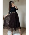 Flok Baskı Etek Kahve