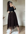 Flok Baskı Etek Kahve