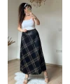 Kare Desen Pileli Sıyah Etek