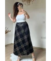 Kare Desen Pileli Sıyah Etek