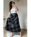 Kare Desen Pileli Sıyah Etek