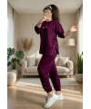 Uzun Kol Yan Çıtçıtlı Mor Takım
