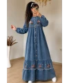 Çiçek Nakışlı ve Düğmeli Kot Elbise Mavi