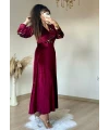 Çiçekli Bordo Kadife Elbise
