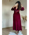 Çiçekli Bordo Kadife Elbise