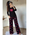Dudak Desen Pijama Takımı Siyah