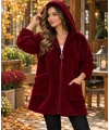 Düz Peluş Kapşonlu Hırka Bordo