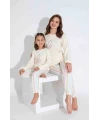 Ekru Çizgi Desen Anne Pijama Takımı