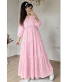 Eteği Fırfırlı Dantel Şerit Detaylı Elbise Pembe