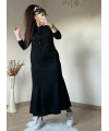 Kapusonlu Etek Fırfırlı Elbise Sıyah