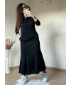 Kapusonlu Etek Fırfırlı Elbise Sıyah