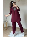 Fermuar Detaylı Leopar Takım Bordo