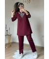 Fermuar Detaylı Leopar Takım Bordo