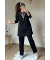 Fermuar Detaylı Leopar Takım Siyah