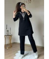 Fermuar Detaylı Leopar Takım Siyah