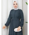 Fırfırlı ve Brit Düğmeli Tesettür Elbise Füme