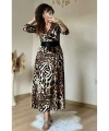 Halka Kemerli Kahve Leopar Penye Elbise